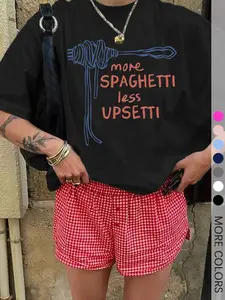 Women's More Spaghetti Letter Print Round Neck Tee, Vintage Trendy Casual Fit Short Sleeve T-shirt for Daily Wear, Ladies Summer, Top