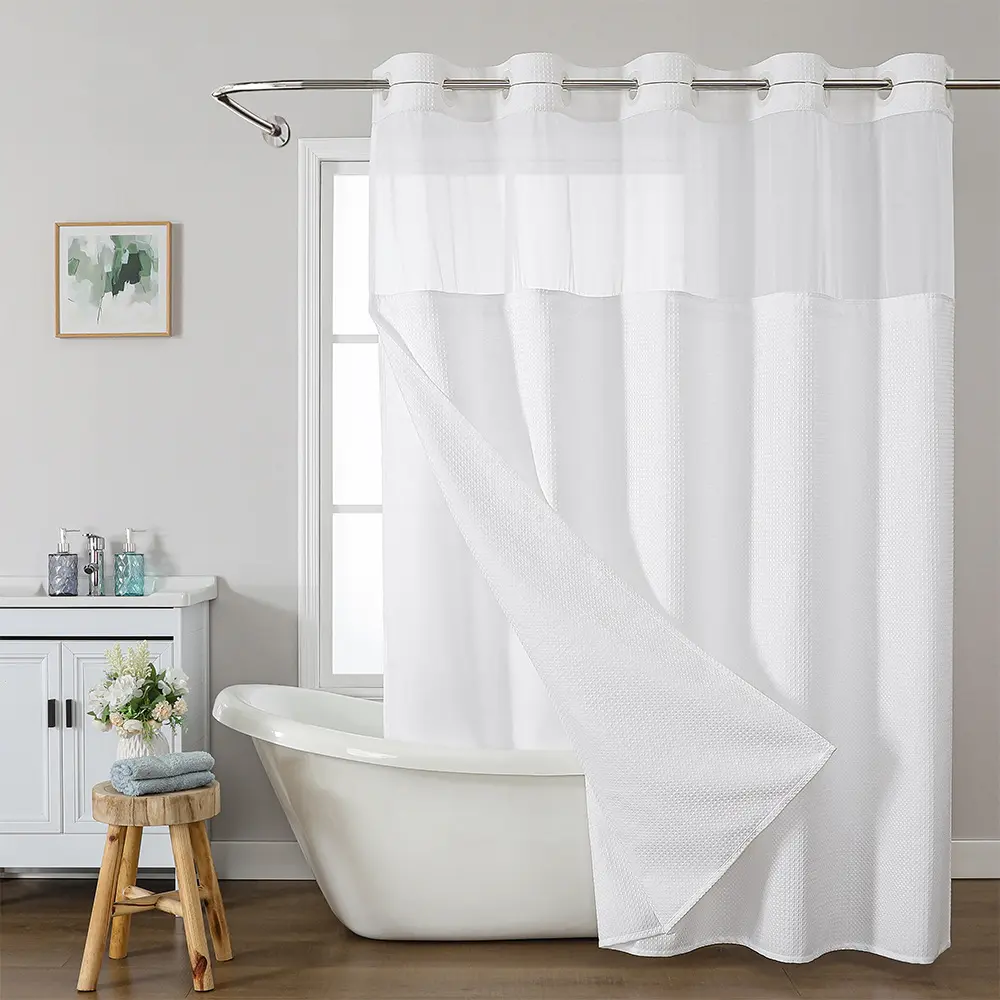 71x74 Inch Hook-Free 3-in-1 Modern Shower Curtain with Light Sheer Panel Window, Removable Snap-In Washable Water-Resistant Liner, Luxury Hotel-Style Waffle Weave Double-Layer Design, Magnetic Corners, Quick Install
