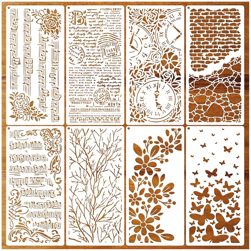 8-Pack Reusable Stencils for Crafts – Branches, Musical Notes & Floral Texture Templates for Painting on Wood, Paper, Furniture & More