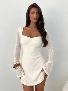 Elegant Women's Square Neck Pleated Bell Sleeve A-Line Mini Dress, Slim Fit Midi Dress, Perfect for Special Occasions, Formal, Long Sleeve, Chic