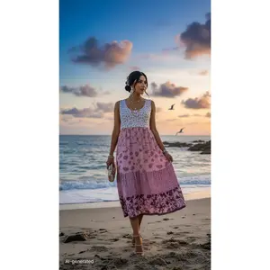 Women's Plus Size Boho Floral Dresses Sleeveless Tiered Pleated Swing Long Sundress