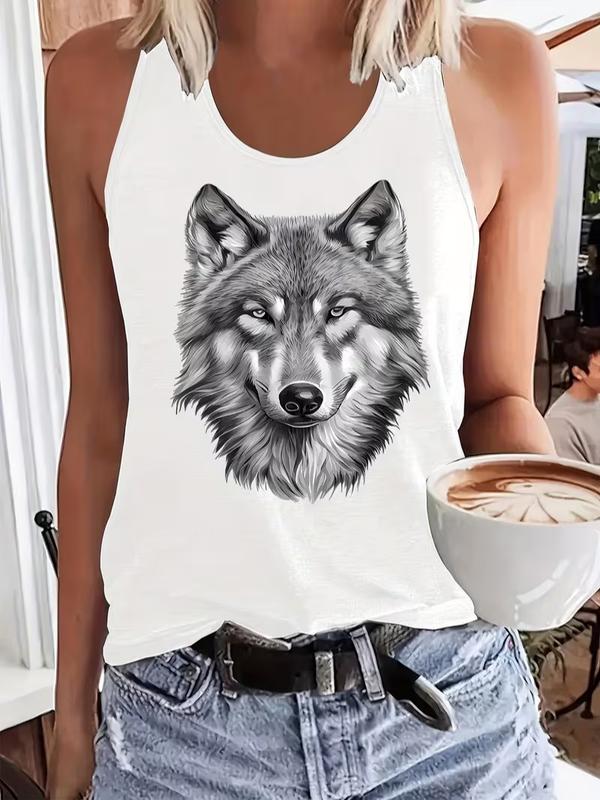 Women's Comfy Cotton Denim-Accent Realistic Sketch Wolf Head Graphic Racerback Tank, Wild Animal Mountain-Inspired Sleeveless Casual Top with Fur Detailing