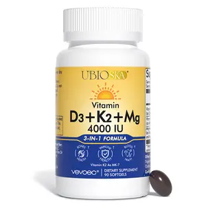 UBIOSKA Vitamin D3 K2 Magnesium 3-in-1 Softgels | Each Softgel Contains 2000 IU D3, 35 mcg K2, 100 mg Magnesium | Gluten-Free, Soy-Free, Non-GMO | For Bone Strength, Imuunity Boost, Blance Mood & Stress