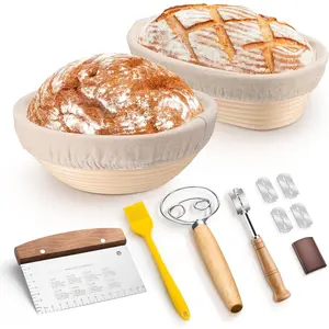 Sourdough Bread Baking Supplies, 9" Round & 10" Oval Bread Proofing Basket Set with Liner, Sourdough Starter Kit for Bread Making, Bread Lame/Whisk/Dough Scraper/Basting Brush