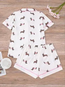 Women's All Over Dachshund Print Shirt & Elastic Waist Shorts Pyjama Two-piece Set, Casual Comfy Short Sleeve Collared Top & Shorts PJ Set, Ladies Sleepwear for All Seasons, Loungewear