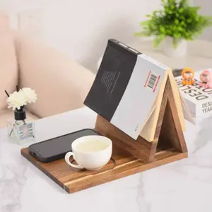 Wooden Triangle Book Stand, Solid Wood Desktop Book Holder with Coaster for Home & Bedroom Decor