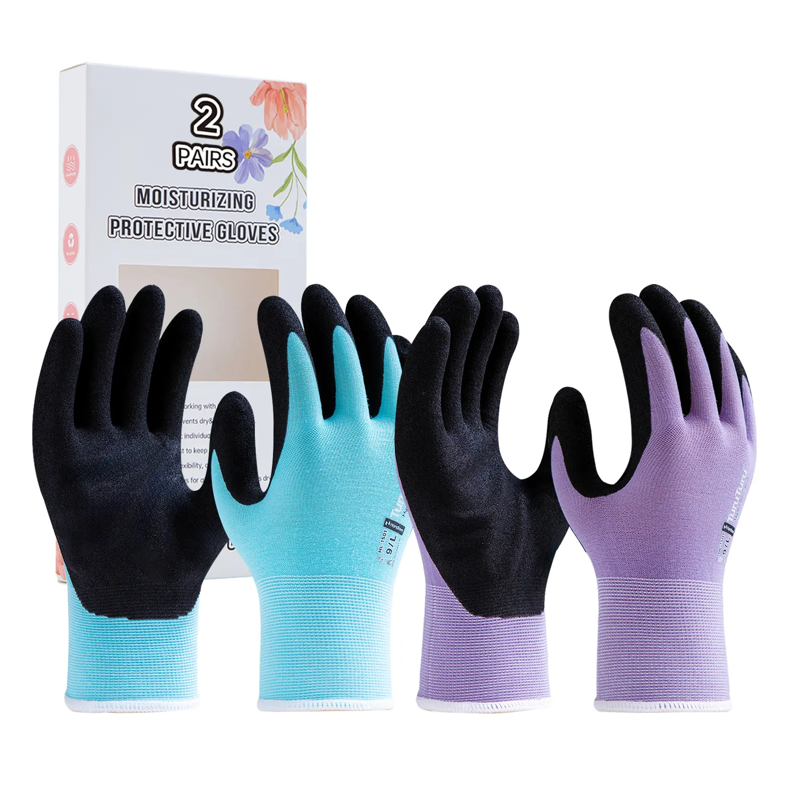 Gardening Gloves - Moisturizing Durable Protective Gear Sports Gloves, Latex-Free Sandy Nitrile Coated, Anti-Skid Abrasive Resistant, Touchscreen Friendly, for Planting Digging Weeding, Large, Pink&Green