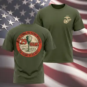 Marine Corps 29 Palms Joshua Tree Graphic T-Shirt, Olive Green Military Inspired Tee, Front And Back Print Desert California Shirt, Patriotic Veteran Gift For Marines And Supporters
