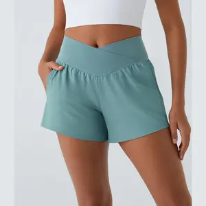 Halara Breezeful High Waisted Crossover Side Pocket 2-in-1 Quick Dry Yoga Shorts 4"