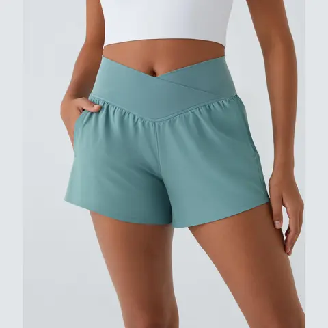 Halara Breezeful High Waisted Crossover Side Pocket 2-in-1 Quick Dry Yoga Shorts 4"