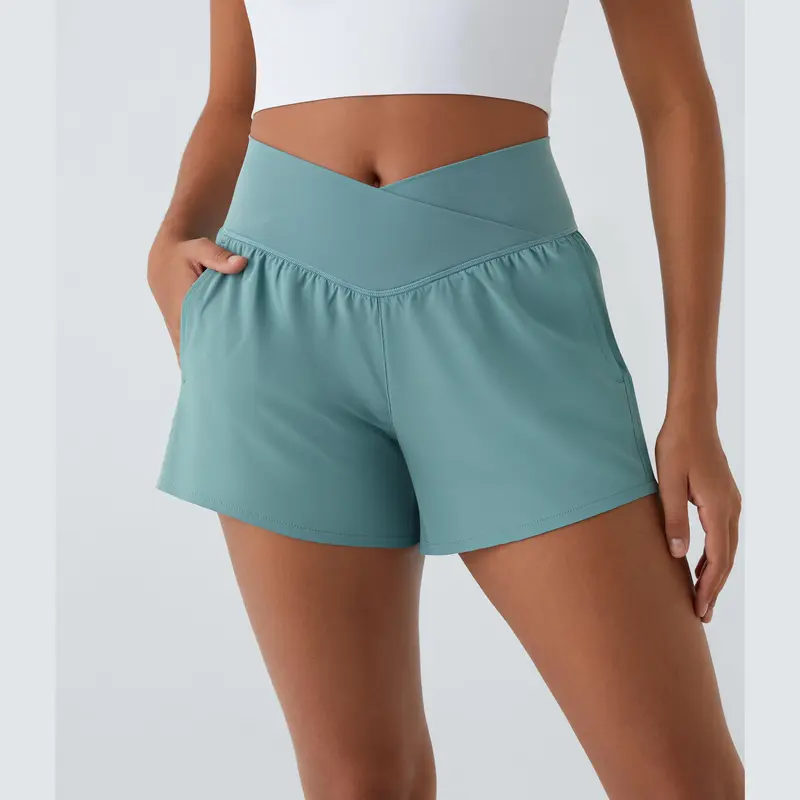 Halara Breezeful High Waisted Crossover Side Pocket 2-in-1 Quick Dry Yoga Shorts 4"