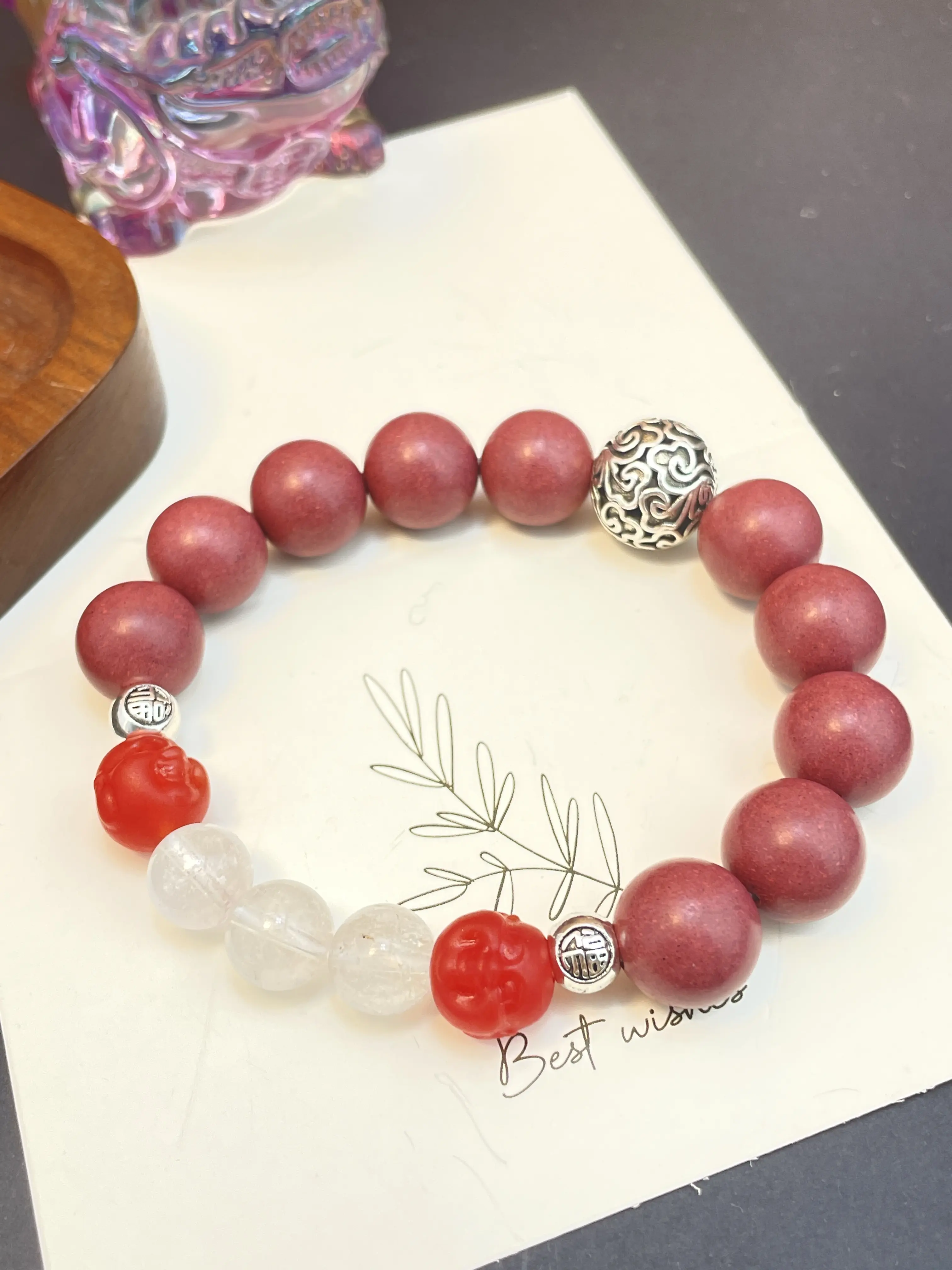 12MM Rose Floral incense aromatherapy bracelet for prtection and good luck with Buddha+Luck Cloud+Fu