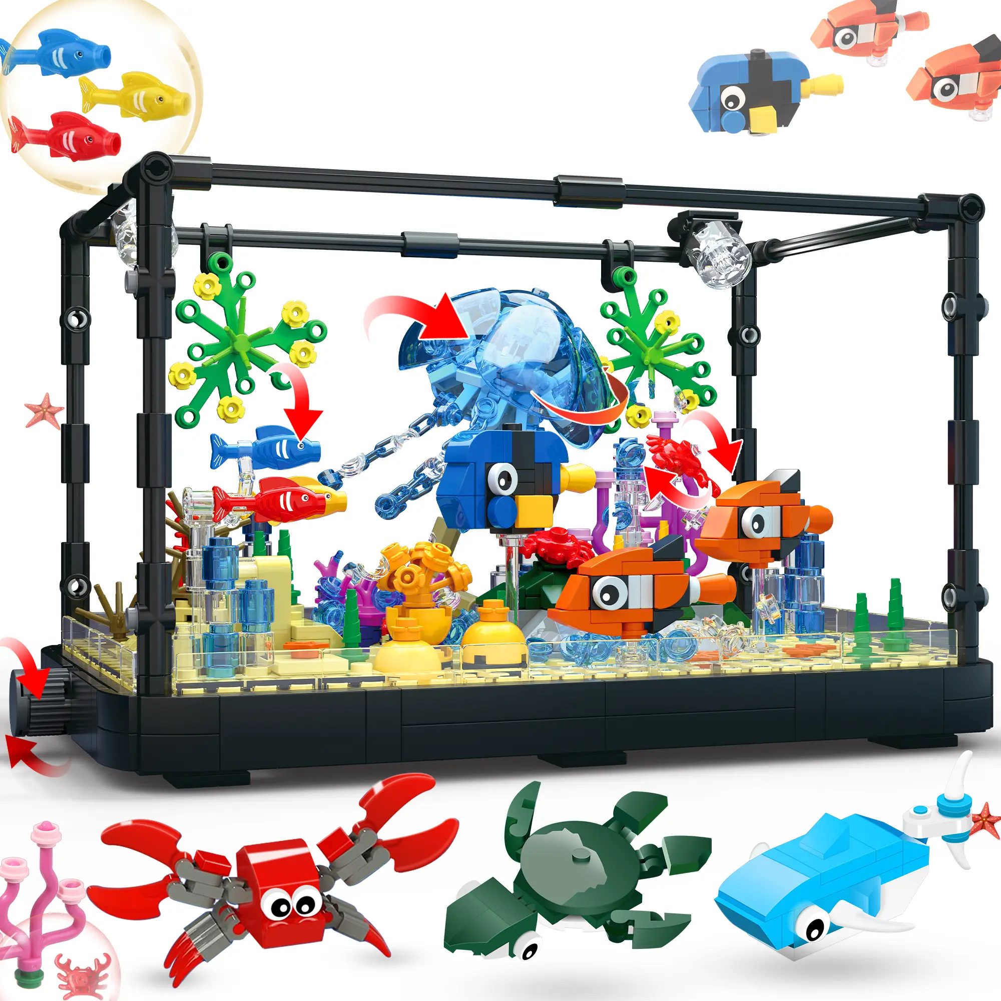 TOKMOC 788 Pieces Aquarium Fish Tank Building Block Set -  Lighting Small Aquarium Building Set with Ocean Jellyfish, Dolphin,Turtle, Crab,Sea Animal Bricks,STEM Toy, Home Desktop Decoration & Holiday Gift,For Aged 12 and Above,Stress Relief Toy,66003