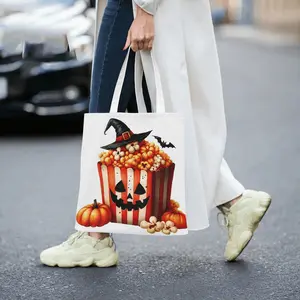 Halloween Popcorn Bucket Design Canvas Tote Bag Witch Hat Bat Pumpkin Pattern Reusable Shopping Bag for Trick or Treat Festival Party Grocery Travel Beach Daily Use Eco-Friendly Durable Handbag