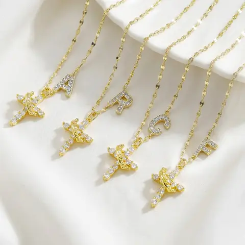 Initial Cross Necklace for Women, Rhinestone Letter Pendant Necklace, Dainty Sparkling Personalized Style Jewelry, Adjustable Chain Gift for Her