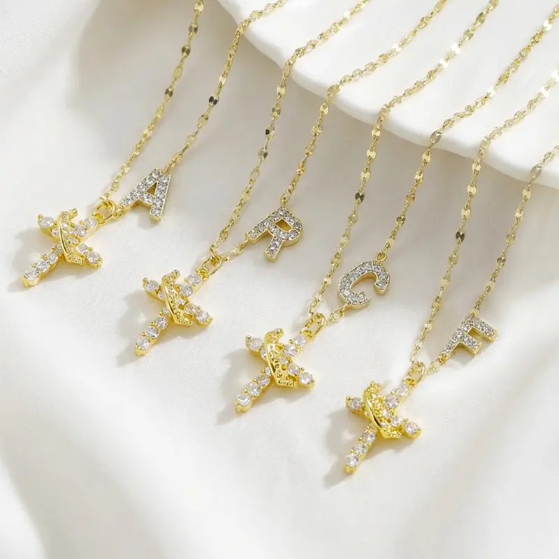Initial Cross Necklace for Women, Rhinestone Letter Pendant Necklace, Dainty Sparkling Personalized Style Jewelry, Adjustable Chain Gift for Her