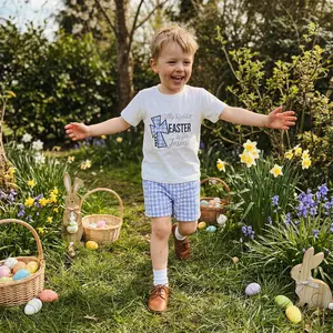 Kids Boys Shorts Set, Short Sleeve Letters Cross Print T-shirt with Plaid Shorts Easter Clothes Summer Outfit