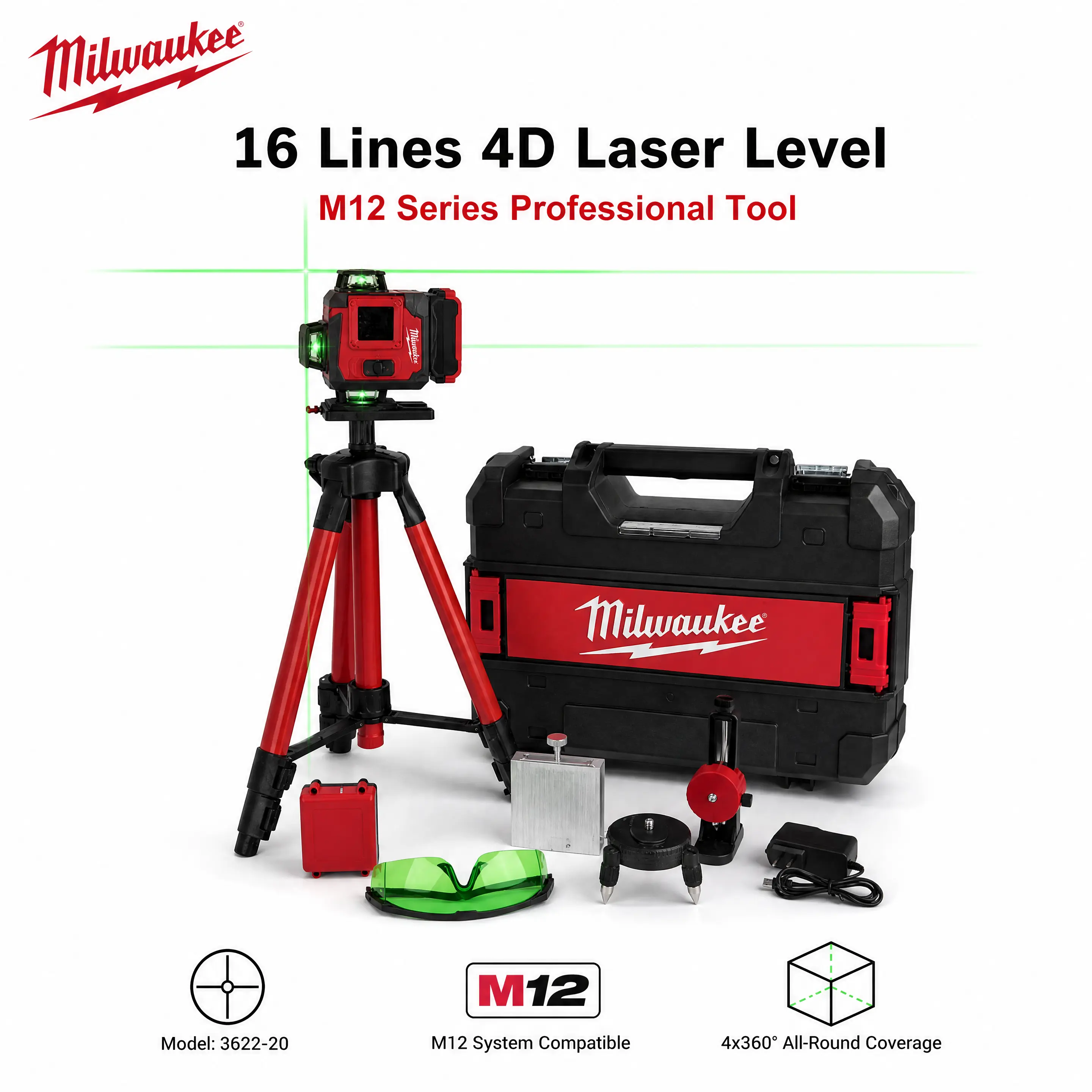Milwaukee 16 Line 4D Green Laser Level Kit with Tripod for Interior Tile Ceiling Alignment, Self Leveling Layout Tool Features High Accuracy Diode Matrix Designed for Precise Wall Grid Trimming