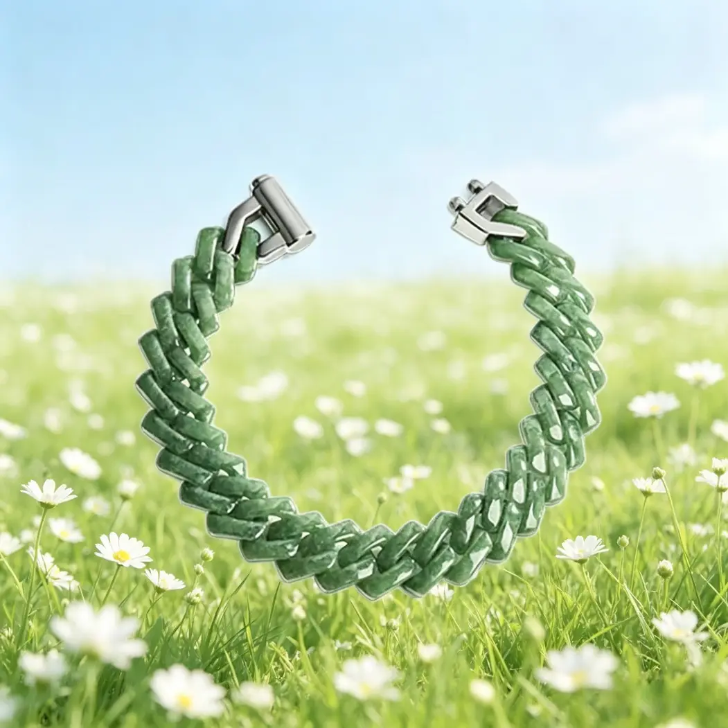 Natural A-Grade Jade Light Green Rhombus Cuban Link Bracelet & Necklace, Titanium Steel Hiphop Trendy Jewelry