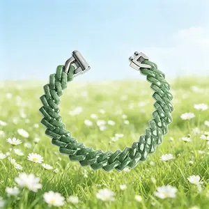 Natural A-Grade Jade Light Green Rhombus Cuban Link Bracelet & Necklace, Titanium Steel Hiphop Trendy Jewelry