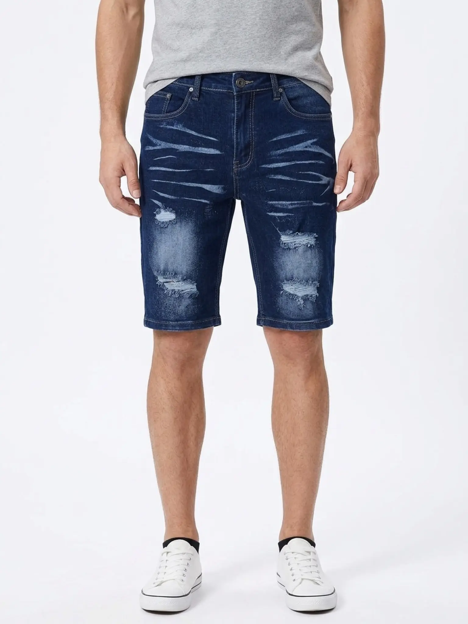 Men's 2-Piece Casual Fitted Urban Streetwear Set, Plain Cotton Top & Knee-Length Distressed Denim Shorts, Button Raw Hem, Ripped Beige, Pocket, Lightweight Denim Clothing