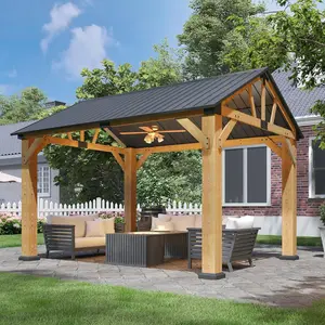 Jolydale 10' x 12' Outdoor Wood Gazebo, Hardtop GazeboPermanent Wooden Pavilion with Gable Galvanized SteelRoof for Patio, Garden, Backyard, Natural