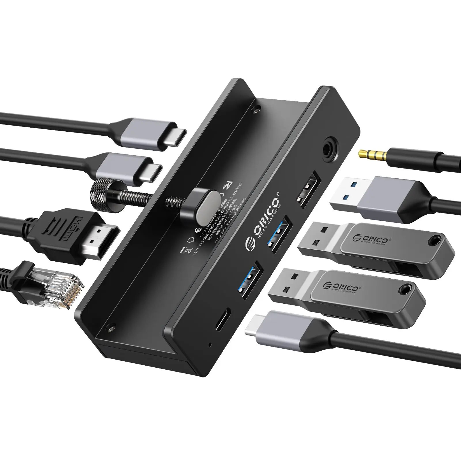 ORICO Clip Docking Station, 8-in-1 Clamp USB C Hub with 4K@60Hz HDMI, 100W PD, Gigabit Ethernet, 4xUSB Port, AUX, 10Gbps Clamp Docking Station for Laptop, MacBook, PC (Adapter Not Included)-MH8P