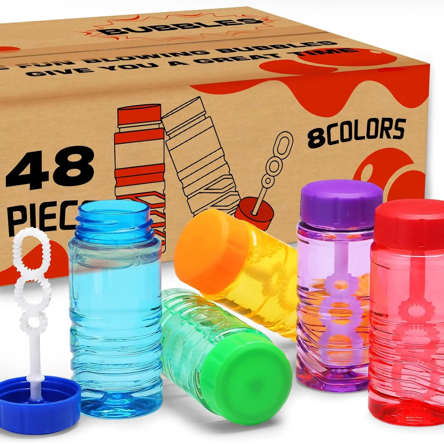 48 Pack Bubble Bottles Bulk, 8 Color, Wand Attached to Cap Party Favors Set