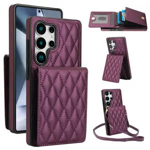 Fashionable Quilted Pattern Phone Case with Card Slot, Multi-card Position Card Insertion Can Be Used as a Stand, Phone Protective Cover for Samsung Galaxy, Shockproof, PU Leather Cover, Casing