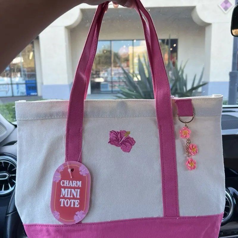 Cute Pink & Cream Canvas Mini Tote Bag with Hibiscus Embroidery and Floral Charm Keychain