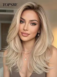 Topshe Lace 13x6 Area Wig Shoulder Length 18 Inches Mink Color Medium Long Curly Hair with Layers, Synthetic Fiber, Glueless Synthetic Wig, Perfect for Christmas, Lace Frontal Wigs