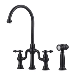 WOWOW Brass Double Handle Deck Mounted Bridge Kitchen Faucet with Side Sprayer in Matte Black
