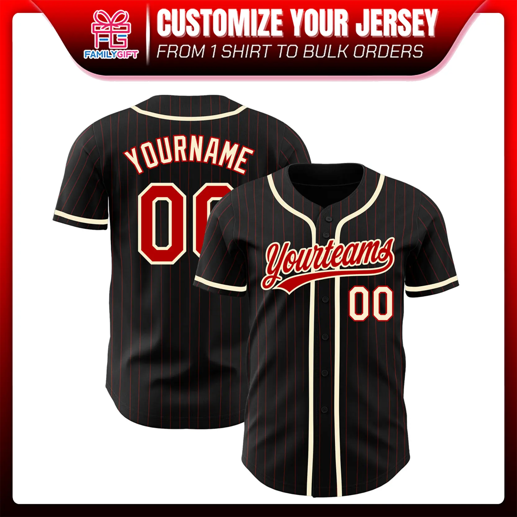 Custom Black Red Pinstripe Red-Cream Baseball Jersey, Baseball Shirt Printed, Custom Name Number Logo Baseball Uniform, Sporty Style Comfortable Moisture-Wicking Polyester,Back To School Shirt