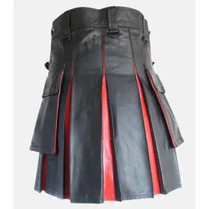 Men's Black and Red Real Cowhide Leather Kilt with Side Pockets