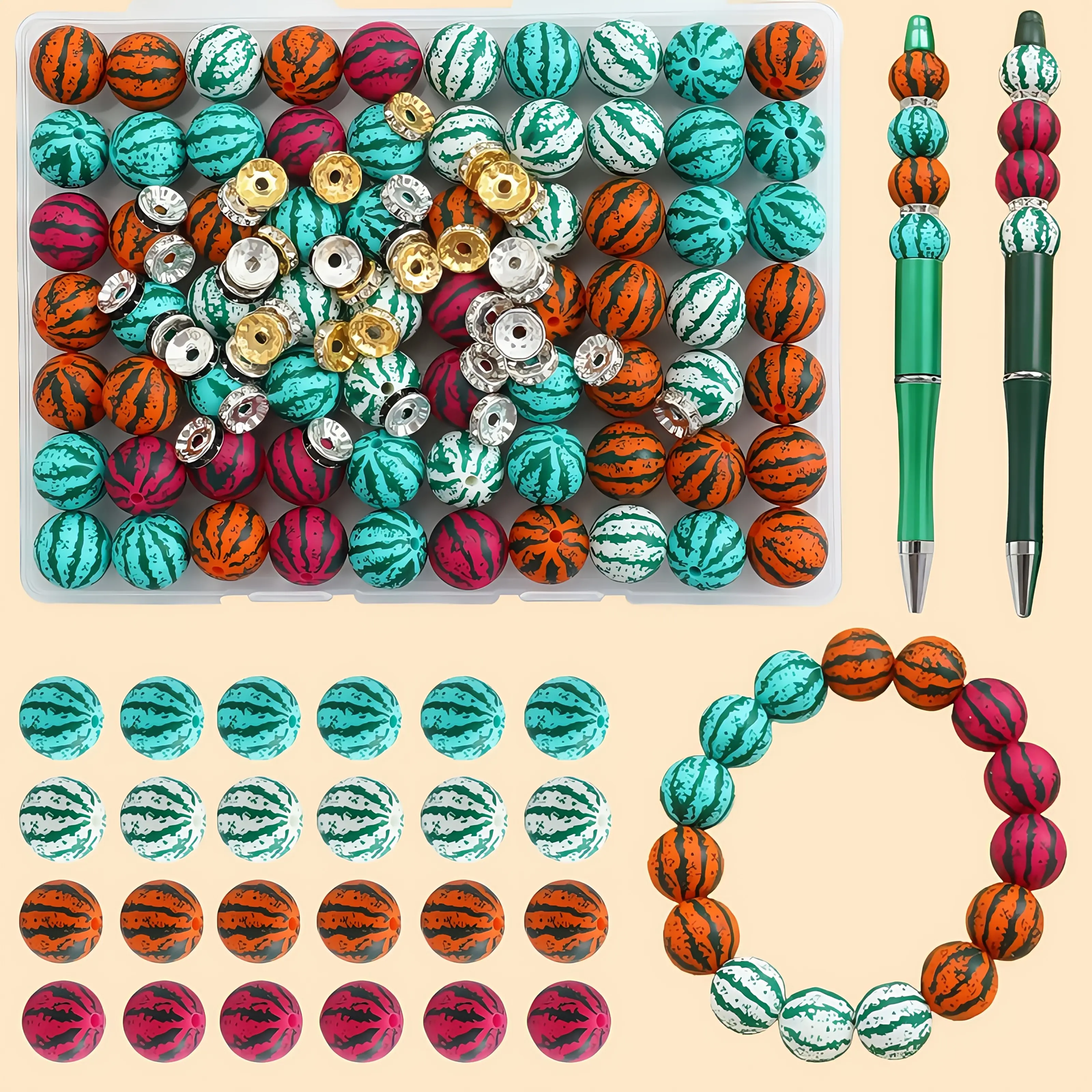 103 pieces of colorful watermelon silicone beads - round, loosely spaced beads, suitable for DIY jewelry making, keychains and decorative gifts. With fun fruit print designs, suitable for handicrafts and jewelry making.