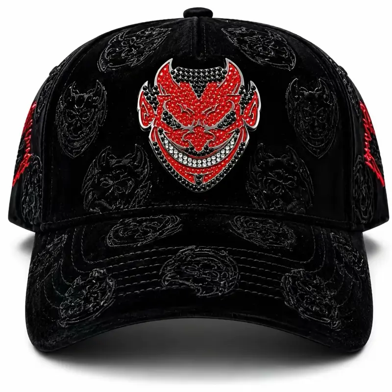 Black Velvet Baseball Cap - Red Devil Design, Skull Patterns (HAT ONLY)
