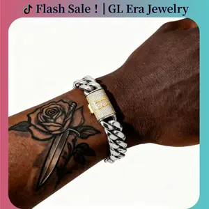 Silver Stainless Steel Cuban Link Bracelet for Men, 14mm with Gold Clasp & Laser Letter A–Z, Gothic Punk Hip Hop Jewelry, Modern Edgy Gift for Him