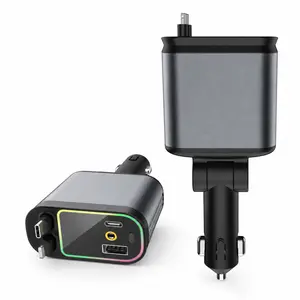 120W Car Charger Adapter with Retractable Cables, USB-C PD Port & USB-A Port for Daily Driving-4-in-1 Car Charger with Ambient Light  Tangle-Free Fast Charge