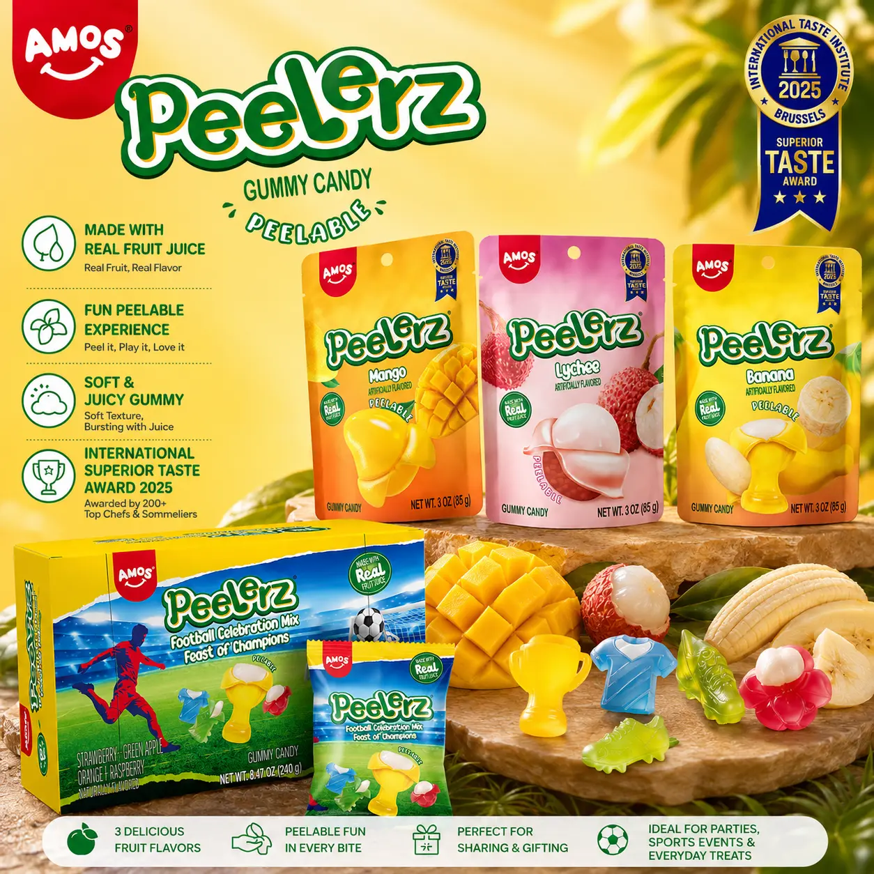 AMOS Peelable Soccer Peelerz Football Celebration Mix Gummy Candy, -Shaped Fruit Gummies, Strawberry/Orange/Raspberry/Green Apple Flavors, 8.47oz AMOS Peelable Soccer Peelerz Football Celebration Mix Gummy Candy, -Shaped Fruit Gummies, Strawberry/Orange/Raspberry/Green Apple Flavors, 8.47oz