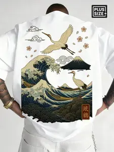 Men's Plus Size Oversized The Great Wave Off Kanagawa Crane Fuji Graphic Tee, Japanese Ukiyo-e Traditional Streetwear, Summer Casual Short Sleeve Top, Gift for Asian Art & Culture Lovers