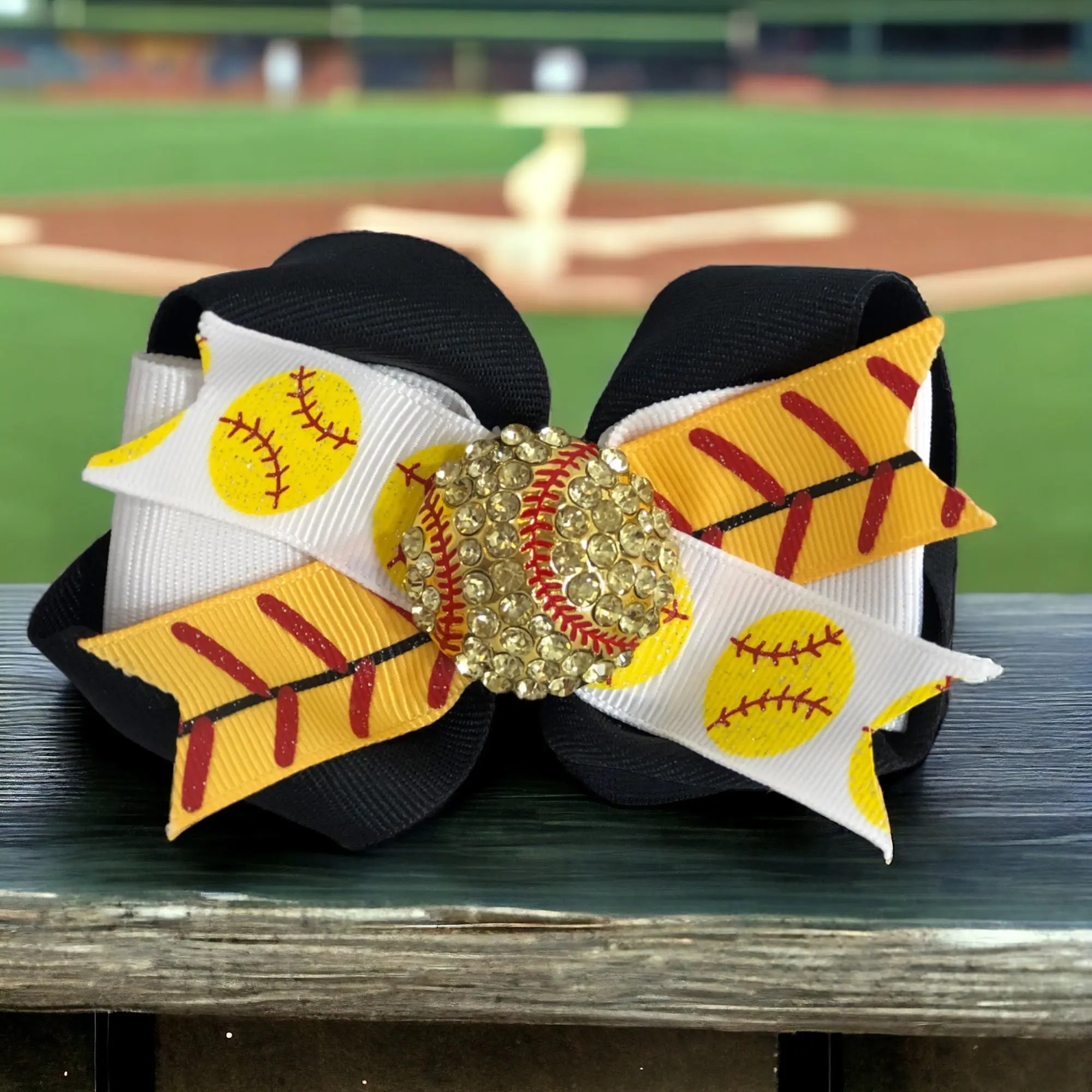 Hair Bow - Softball Glitter Ribbons with Rhinestone Bling