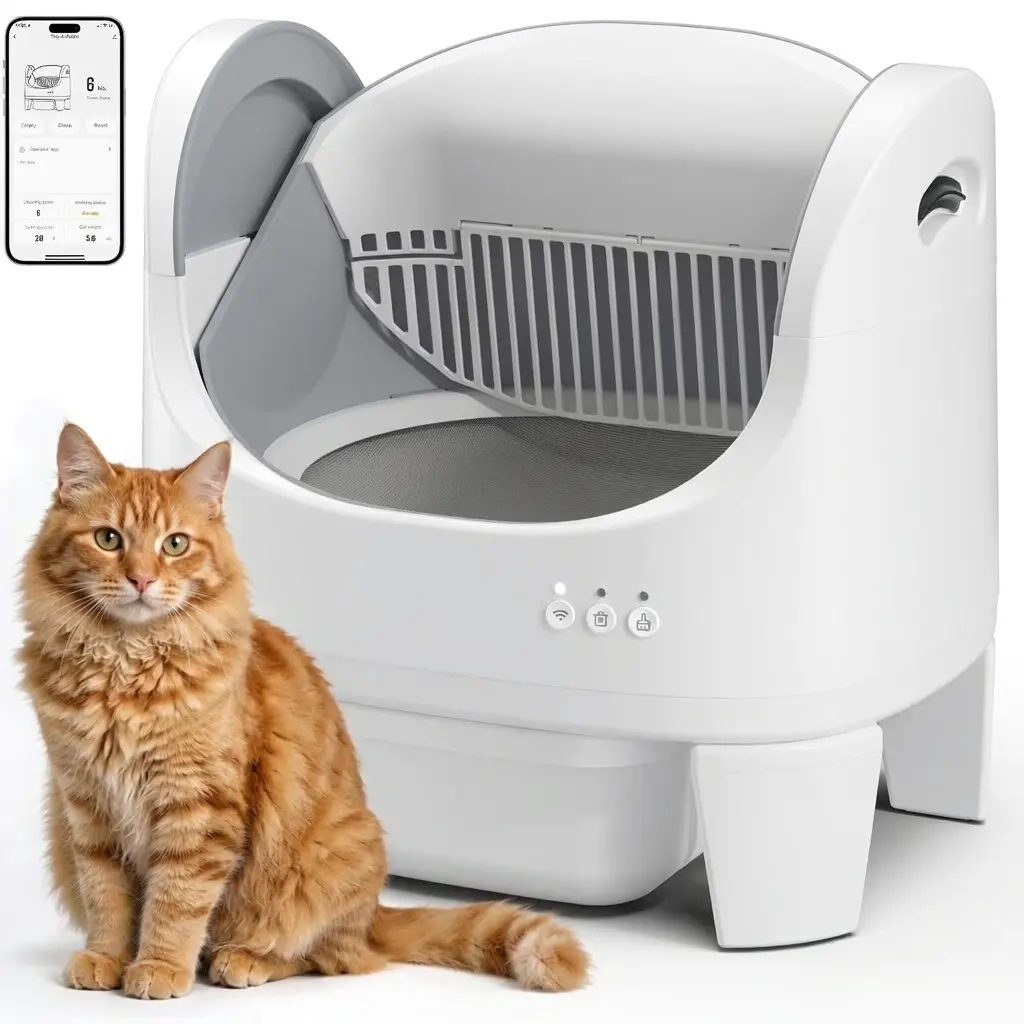 FUMOI Automatic Litter Box - Open Smart Self-Cleaning Cat Litter Tray with Mobile App Control, Odor Elimination, Safety Sensors, Quiet Operation, Washable Inner Lining for Indoor Cats,familyfun