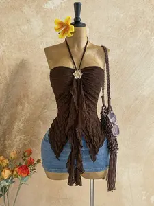 ARTYOTI Women's Asymmetrical Hem Metal Decor Halter Neck Top, Suitable For Beach Vacation In Summer, Brown Top, Beach Vacation For Women