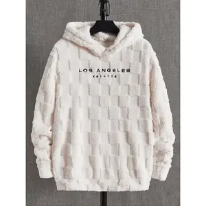 Men’s loose plush hoodie with letter embroidery and drop shoulders, casual long-sleeve hooded sweatshirt for fall and winter, men’s clothing for everyday wear