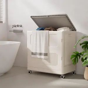 Slim Rolling Laundry Hamper with Lid, 60L Foldable Laundry Basket on Wheels with Handle, Dirty Clothes Hamper Cart for Spaces, Bedroom,, Closet, Dorm, Table