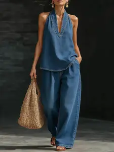 2026 Summer Women Sleeveless Denim Suit V-Neck High Waist Casual Loose Pants Outfit Simple Chic Two Pieces Loungewear Sets