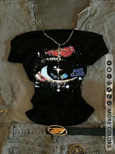 Women's Slim Fit off Shoulder Crop Top, Womenswear, Lip Print Car & Cherry Pattern, Casual Daily Wear, Y2K Style, Streetwear, Perfect Gift Choice