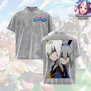 Uma Musume Fan Classic Soft T-Shirt - Oguri Cap x Tamamo Cross Gray Oversized Vintage Acid Washed Cotton Clothing Merch, Seamless Round Neck Short-Sleeve Heavyweight Casual Menswear Streetwear for Fans
