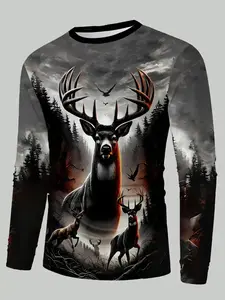 Men's Long Sleeve Shirt, Deer Hunting Print, Gradient, Aesthetic, Casual Fitted Top, All Seasons Outdoor Wear