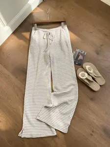 Lazy Style Striped Knit Jumpsuit, Halter Neck Design, Wide Leg, Elastic Waist, Casual Fitted Pants, All Seasons, Women's Fashion